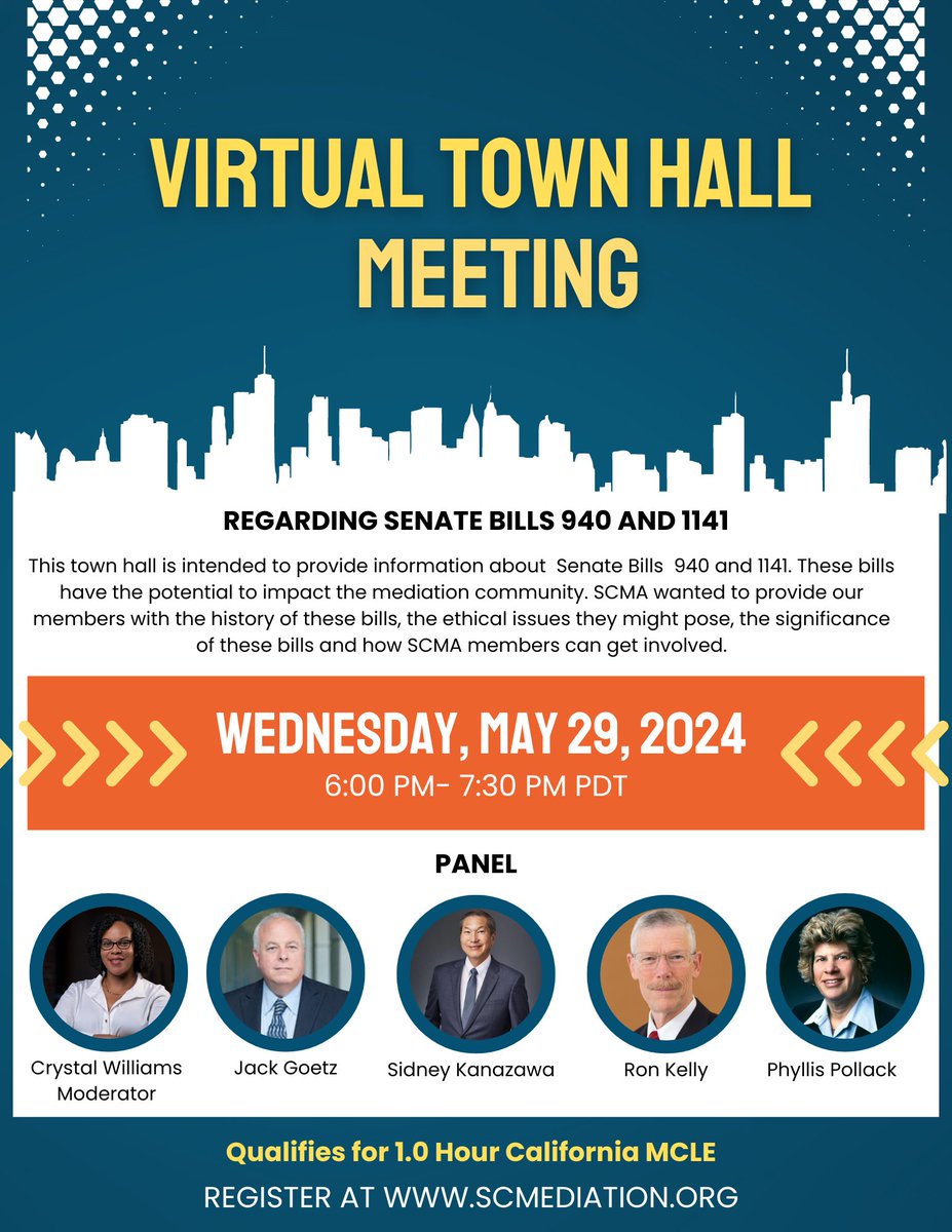 Join us at next week's Virtual Town Hall and receive 1 hour of California MCLE.

Register now at scmediation.org/events/EventDe…