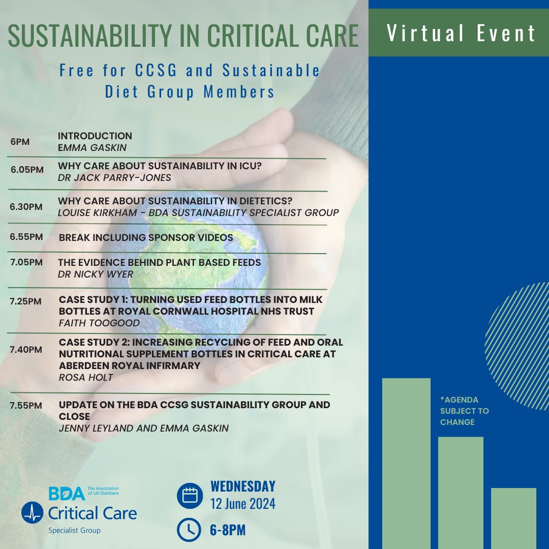 Our Sustainability in Critical Care event agenda is HERE!! 🥳 Join us at 6pm - 8pm BST on 12 June 2024! 🙌🏼🌍🌱 Free for CCSG members and @BDA_Sustainable members! ! £10 for BDA members, £5 for BDA students members and £20 for non-BDA members! bda.uk.com/events/calenda…