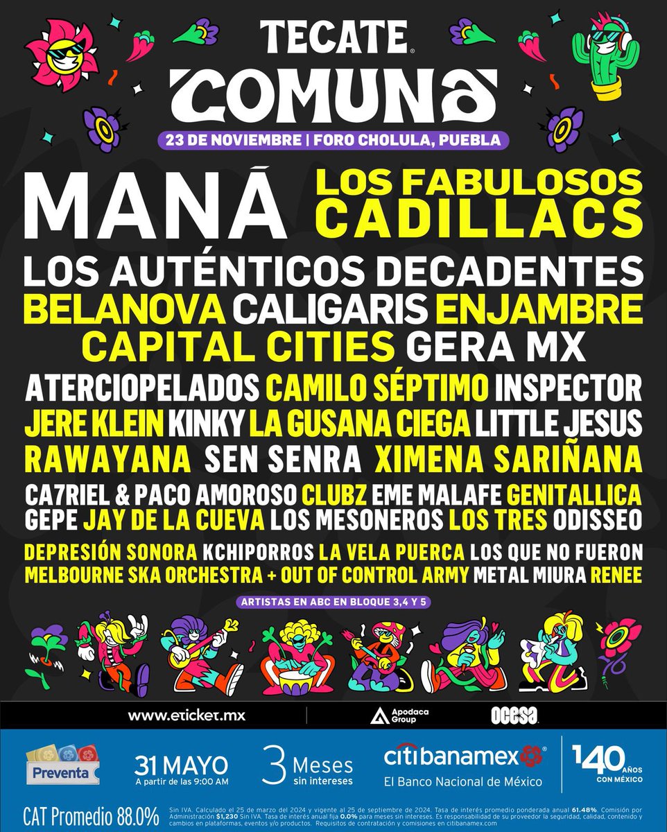 enjambremx's tweet photo. Enjambre Escuchas: ¡estaremos en el @tecatecomuna este 23 de noviembre! 

🎫 Preventa Citibanamex : 31 de Mayo 
👉🏻 Más información en https://t.co/tBaYiKJKVJ https://t.co/LvIpLQ2y55