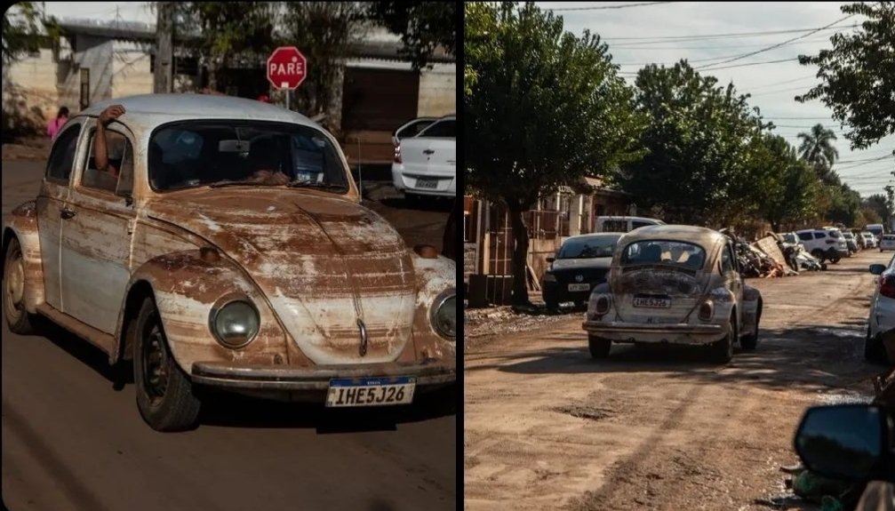 Um monte de carros modernos estão na oficina depois da enchente no Rio Grande do Sul. O fusca: