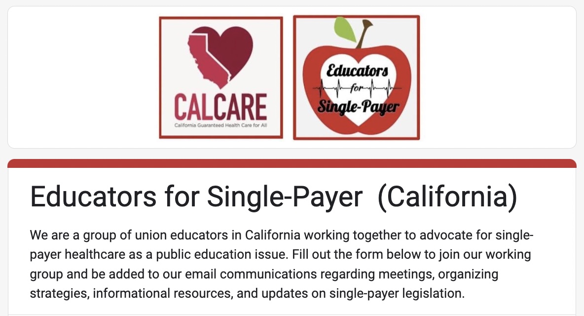 If you are an educator in CA who supports #SinglePayer healthcare, join ED4SP!

Come to the strategy meetings, participate in actions, or simply get on our email list to be kept in the loop about it all!

We're still in this fight for #CalCare! Join us: forms.gle/xzCaaZTEQL7r9u…