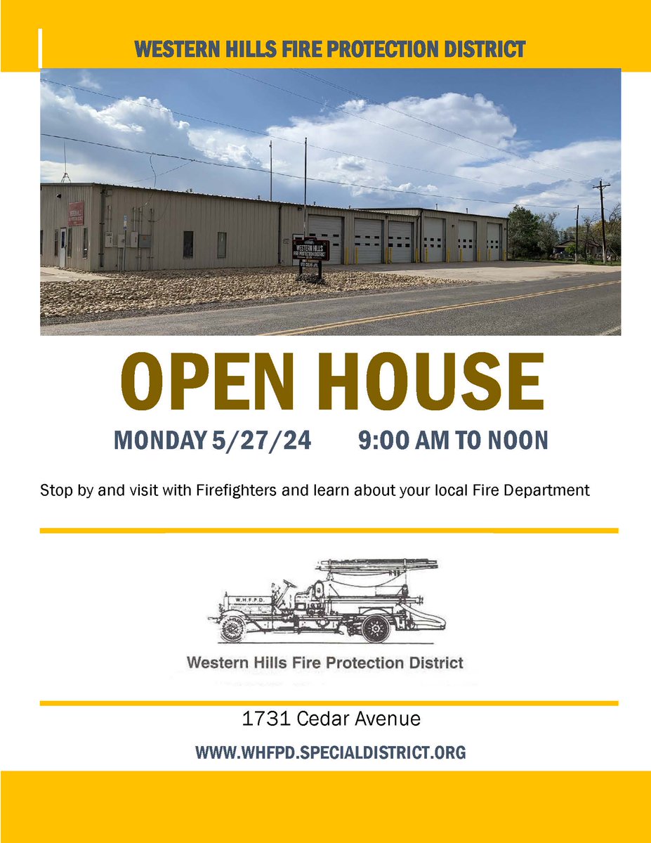 Western Hills Fire is hosting an Open House 5/27/24.
Celebrating 50 years of service-1974-2024.  Originally a volunteer dept &amp; since 1995 has contracted with <a href="/greeleygov/">City of Greeley, CO</a> &amp; <a href="/GreeleyFire/">Greeley Fire Dept.</a> for all hazards response.
Stop by after the #MemorialDay ceremony at Linn Grove Cemetery.