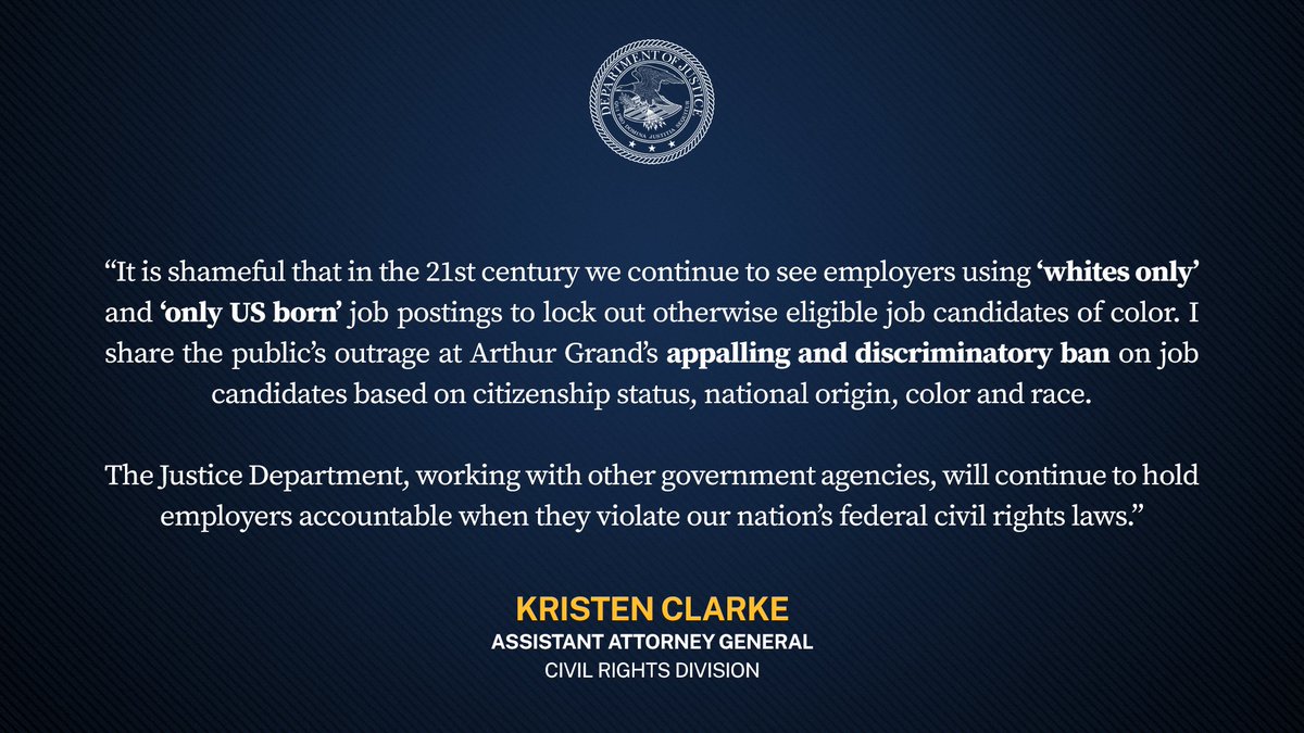 Justice Department and Department of Labor Secure Agreements with Tech Company to Resolve Discriminatory “Whites Only” Job Posting 🔗: justice.gov/opa/pr/justice…
