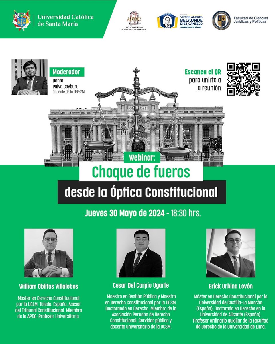 dantepaivagoybu's tweet photo. JUEVES 30 de mayo 6:30PM
Webinar gratuito: Choque de fueros desde la óptica constitucional.
Acceso mediante https://t.co/thqEWk8jTB
Participan los profesores @erickurbinal William Oblitas y César del Carpio Ugarte.
Organizan APDC (fundada en 1995) con apoyo de la @UCSM_oficial https://t.co/TMp2FbN1mP