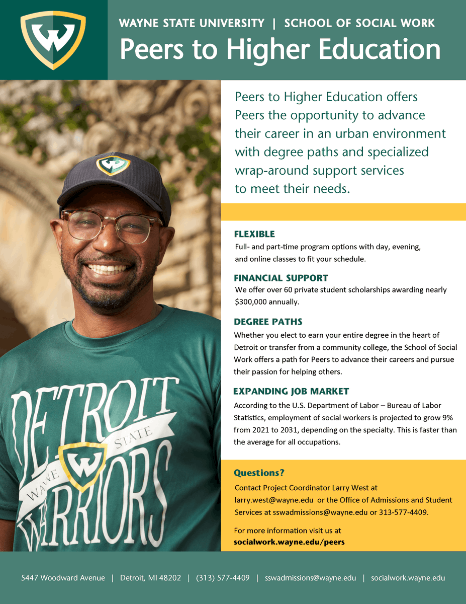 WSU_Social_Work's tweet photo. Earning a social work degree is essential for Peers looking to advance their careers. With extensive wrap-around support services available, Wayne State University is committed to your success. Learn more at https://t.co/X72HefgqRB https://t.co/xydbxaJo8L