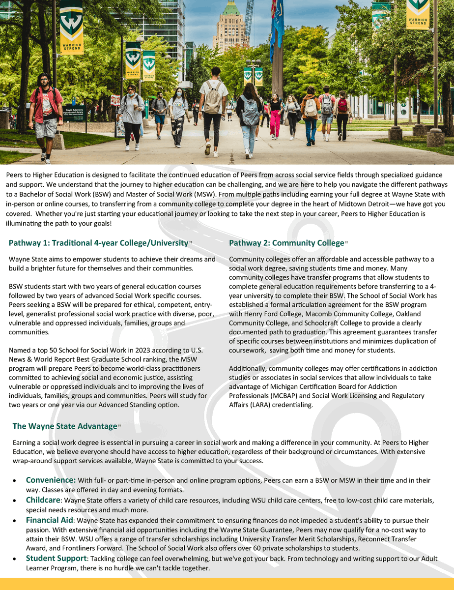 Earning a social work degree is essential for Peers looking to advance their careers. With extensive wrap-around support services available, Wayne State University is committed to your success. Learn more at bit.ly/3wu3nsk