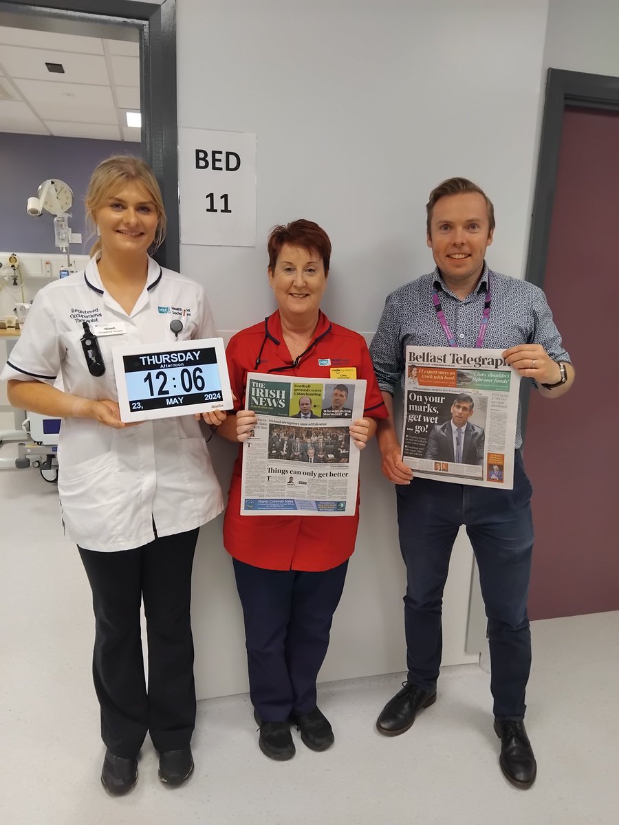 Delighted to be alongside @Boylan_N to provide orientation clocks to Sister Cathy Bannister for all cubicles in the Acute Frailty Unit at RVH along with daily newspapers for patients to help reduce delirium.@BelfastTrust @RCOTNIreland @ais_d @emsdunn_dunn @UrsulaK65194260