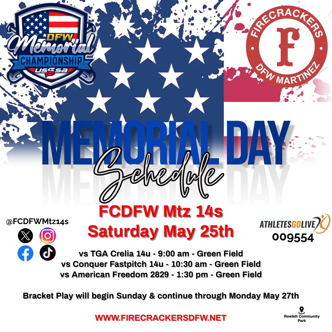 FIRECRACKERS DFW MARTINEZ IN PLANO TX THIS WEEKEND!!!!
14s, 16s and 18s will all take the field this weekend for the DFW Memorial Championships!!! A lot of young talented athletes all 3 rosters. Come Check Us Out!!! #FCDFWMTZ #FCDFDUB #ALLGAS #FIRECRACKERSOFTBALL