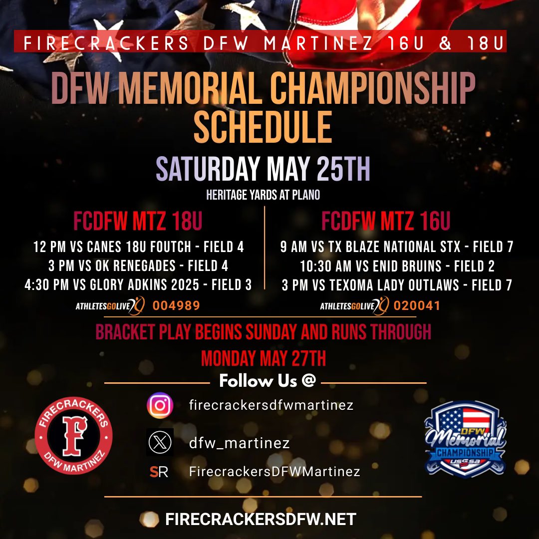 dfw_martinez's tweet photo. FIRECRACKERS DFW MARTINEZ IN PLANO TX THIS WEEKEND!!!!
14s, 16s and 18s will all take the field this weekend for the DFW Memorial Championships!!! A lot of young talented athletes all 3 rosters. Come Check Us Out!!! #FCDFWMTZ #FCDFDUB #ALLGAS #FIRECRACKERSOFTBALL https://t.co/pVLgzurUuv