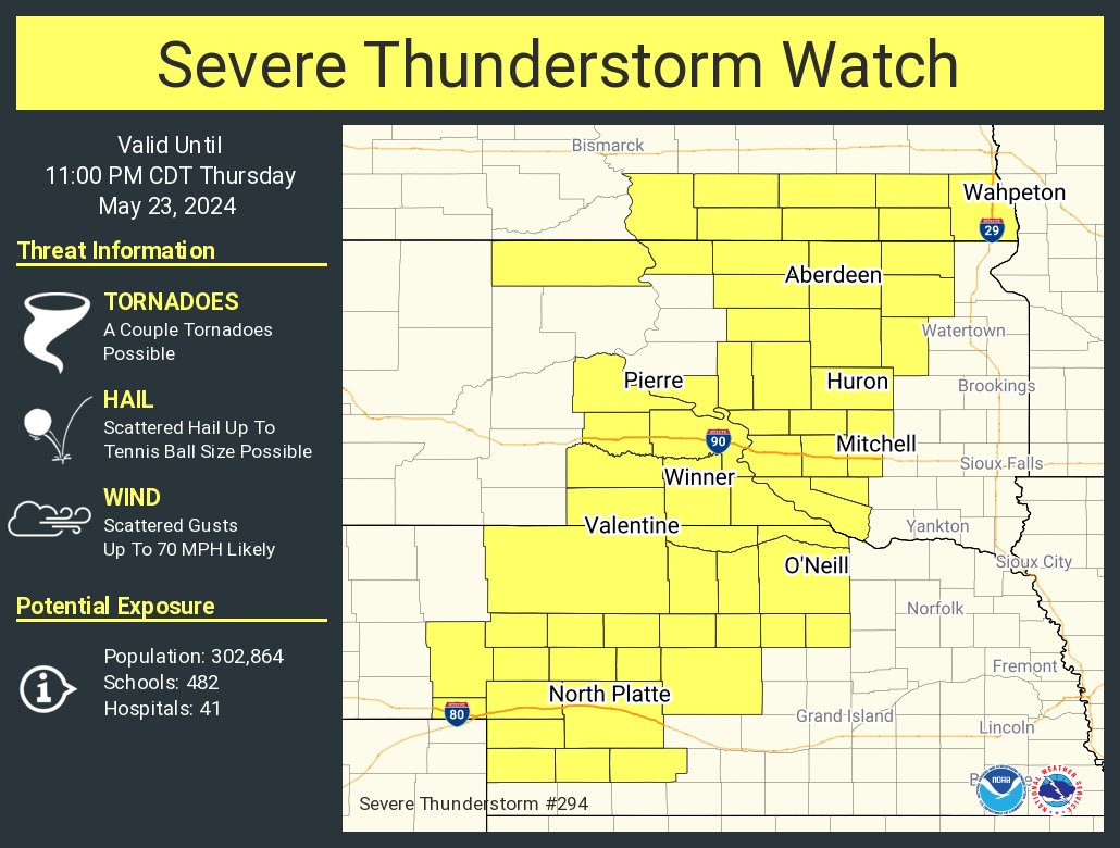 A severe thunderstorm watch has been issued for parts of Nebraska, North Dakota and South Dakota until 11 PM CDT