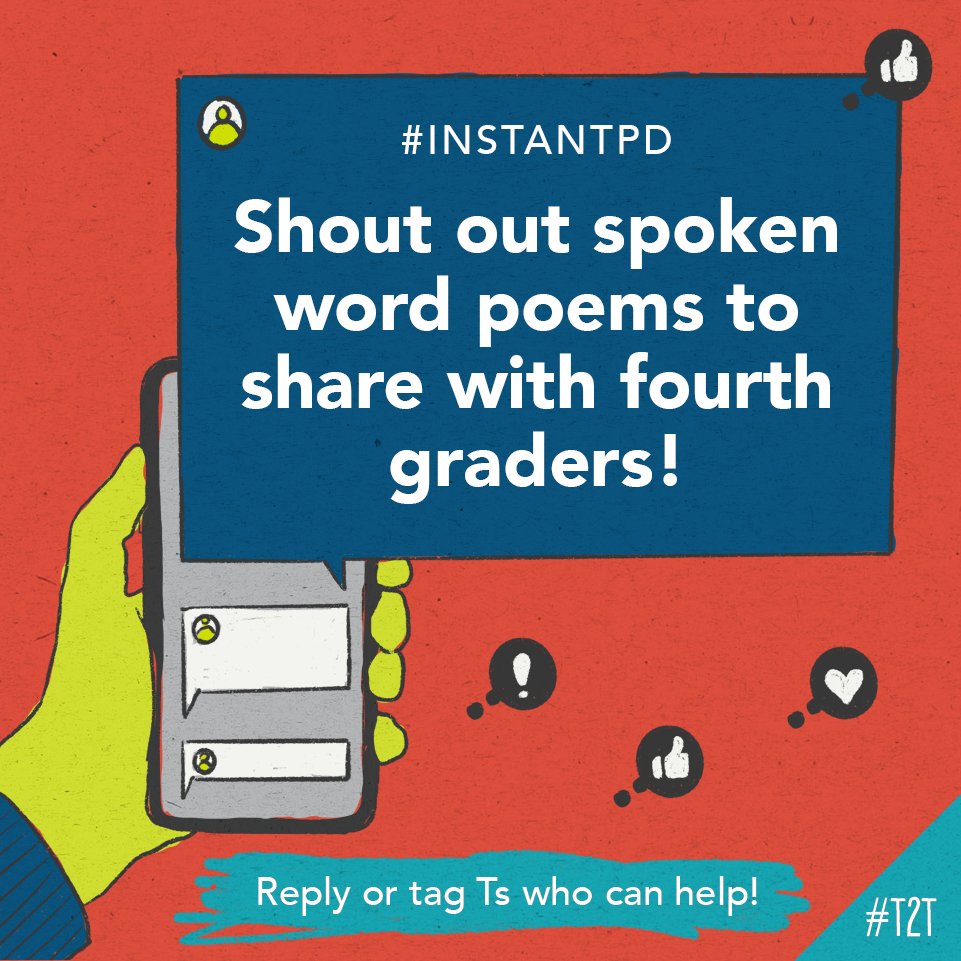 'Anyone have links to videos of spoken word poets that are accessible for fourth graders?' 🎙️ T @Jess5th is looking for spoken word poems that express a desire for change. Share your recommendations below! 👇 #InstantPD #ELAChat #LitChat #TeacherTwitter