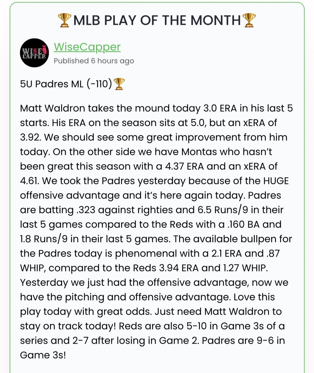 WiseCapper's tweet image. BANGGGGGG. POM WINNER💵

5U Padres ML (-110)🏆✅

I TOLD YALL NOT TO MISS OUT. YET ANOTHER GUARANTEED WINNER

Congratulations to everyone that hopped on board🔥

That makes us 5-0 all time on these and yet another Green Day💵

#GamblingTwitter
