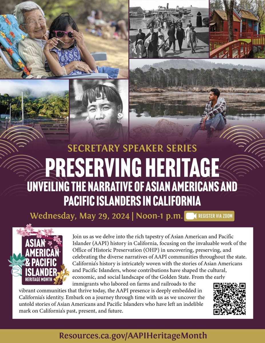 Join @CAStateParks Office of Historic Preservation and Secretary @WadeCrowfoot to celebrate #AAPIHeritageMonth by joining 'Preserving Heritage - Unveiling the Narrative of Asian Americans & Pacific Islanders in CA' on May 29, 12-1pm. Register now:
🔗ca-water-gov.zoom.us/webinar/regist…