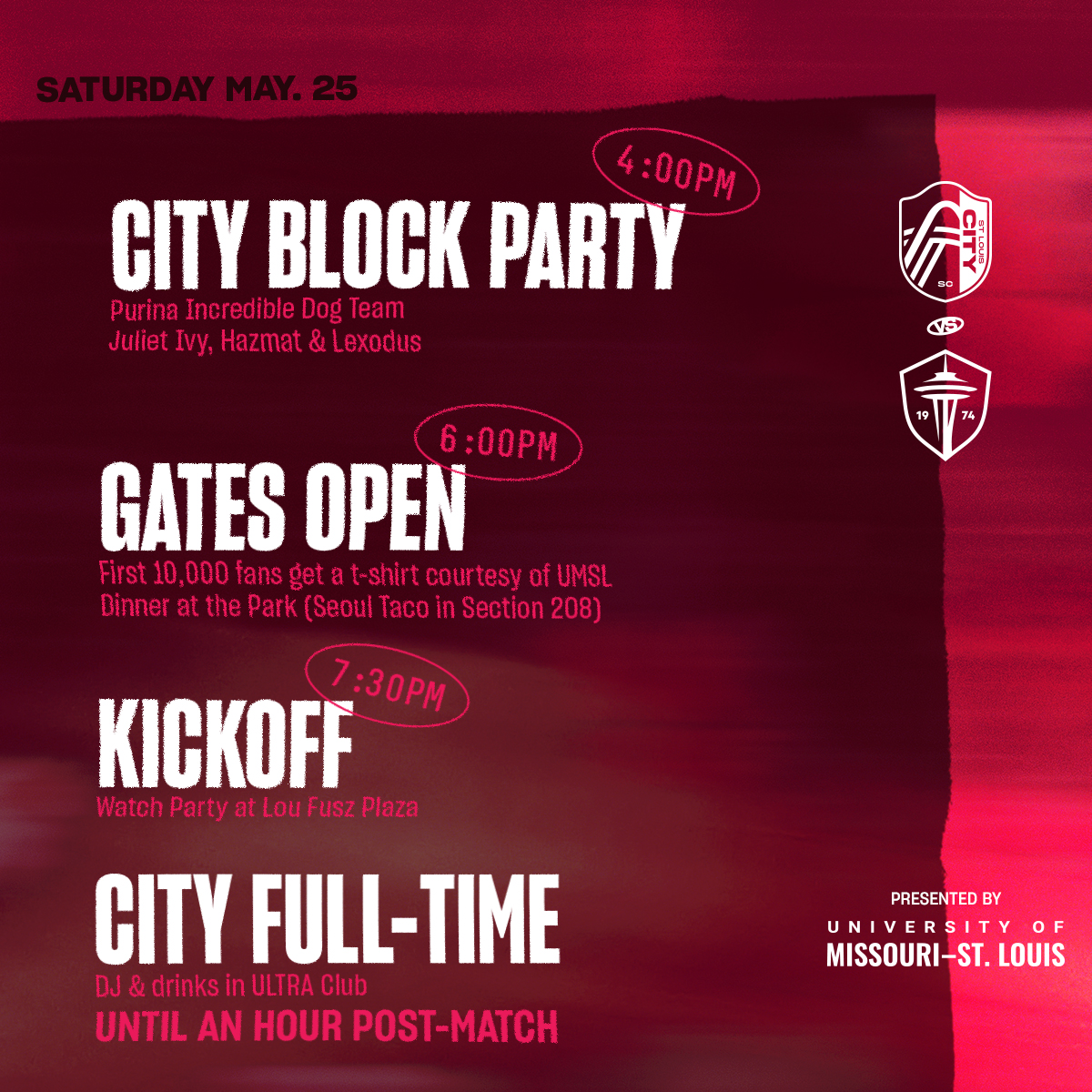 Everything you need to know for #STLvSEA ℹ️ 🎧 @lexodusofficial 🐶 @Purina Incredible Dog Team 🌯 @SeoulTaco in 208 🎸 @hazmatstl 🦋 @jiulet 📺 Watch Party on Lou Fusz Plaza #AllForCITY x @umsl