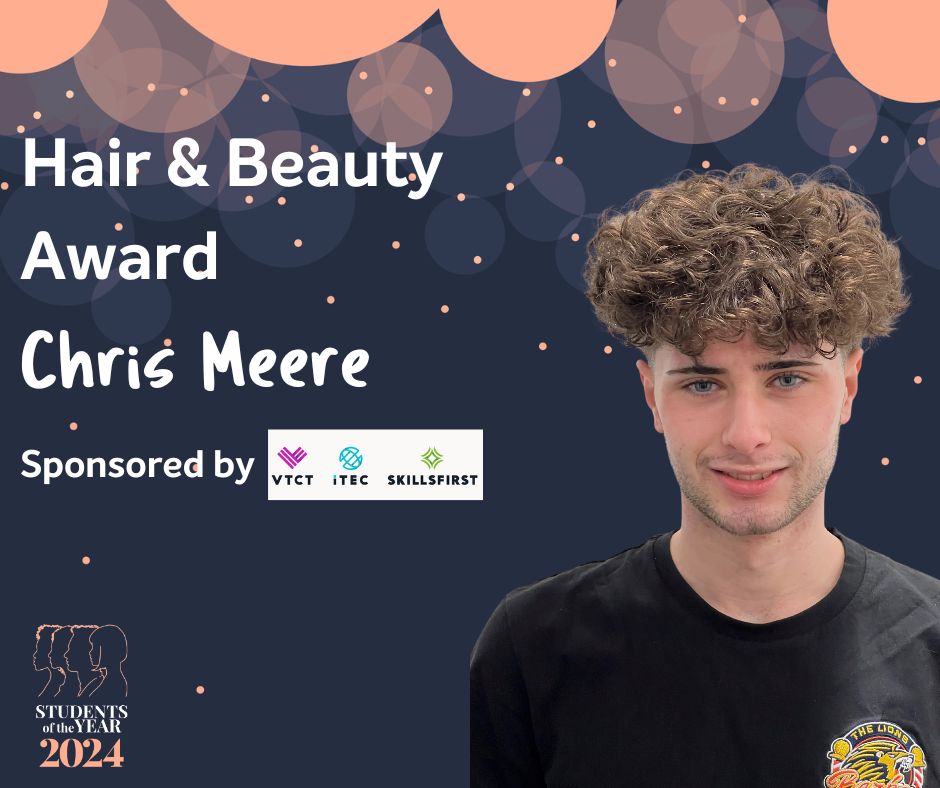 A big congratulations to Chris Meere who has just been awarded the Hair &amp; Beauty Award  Award by @vtctgroup. This is an incredible achievement and we are so proud of Chris! #StudentsofTheYear #SOTY24 #MKCollege