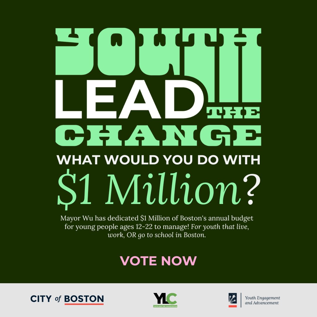 Youth Lead the Change! Mayor Wu has dedicated $1 Million of Boston's annual budget for young people to manage. What would you do with $1 Million? Visit boston.gov/youth-lead-cha… to learn more and VOTE!