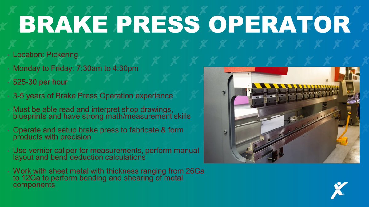 EEP_Pickering's tweet photo. Are you an experienced Brake Press Operator looking for a new opportunity? Our client in Pickering is seeking a dedicated individual to join their expanding team!

Call/Text our office at (905) 492-7575 for more information!

Apply Now: https://t.co/wfuyE0FOyL https://t.co/iub5oMeq0J