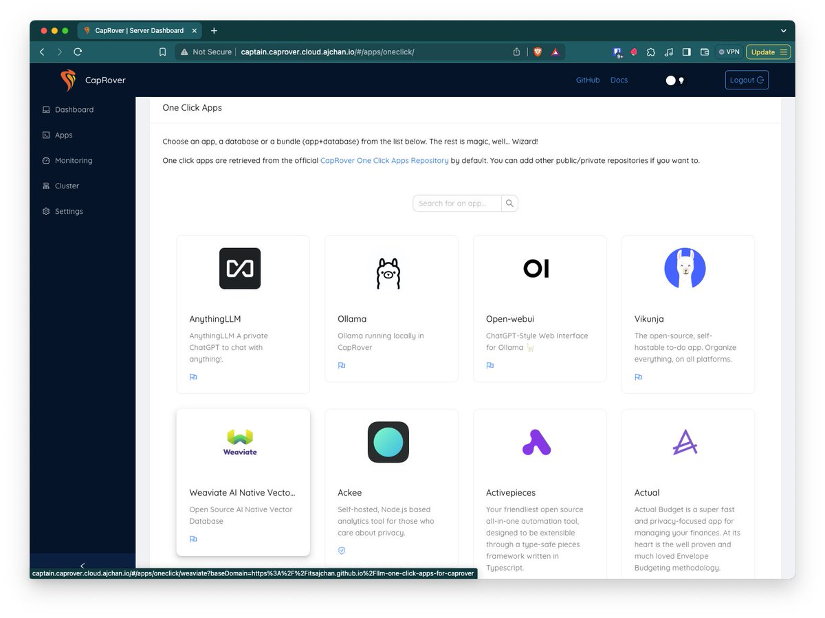 itsajchan's tweet photo. ⭐️Open Source is awesome. Full stop.

💡If you're self hosting anything, it's because open source is the engine of innovation making self hosting possible.

🔥 @cap_rover is my favorite self-hostable PaaS platform. I recently created One Click deployments for my favorite RAG tools like @ollama and @weaviate_io into CapRover.

Check it out here:
- Templates URL: https://t.co/UHQlEYX2t8
- Git repo: https://t.co/HGY6XezRBP