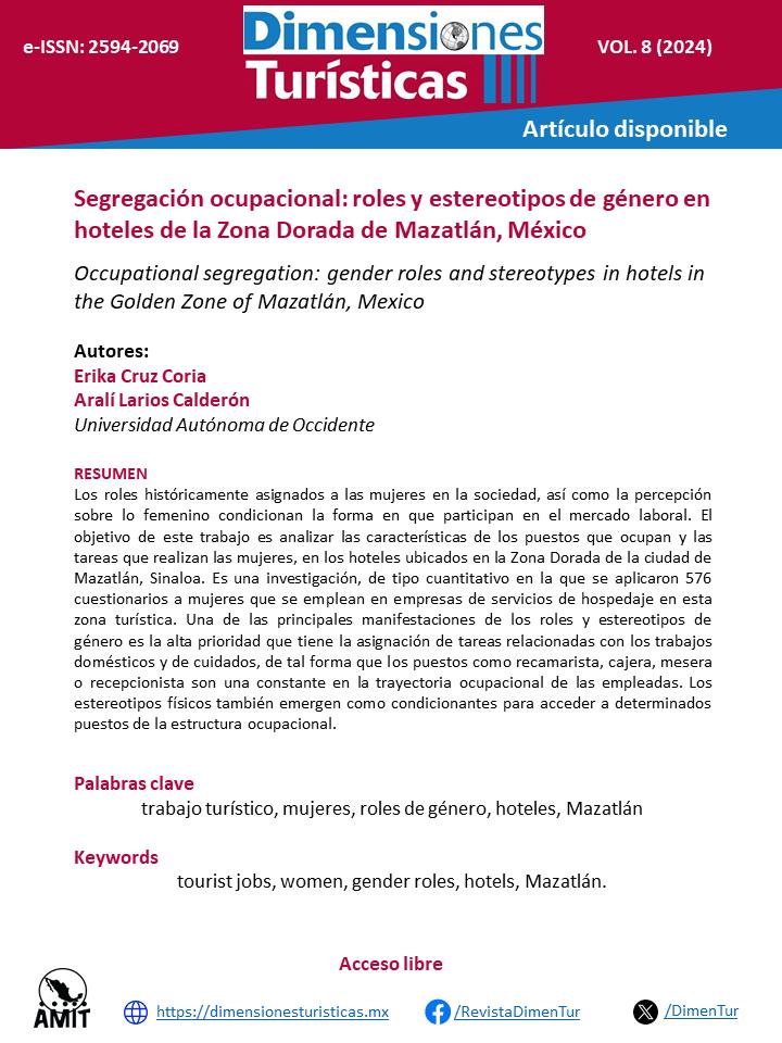 DimenTur's tweet image. Te compartimos el nuevo artículo "Segregación ocupacional: roles y estereotipos de género en hoteles de la Zona Dorada de Mazatlán, México" de los autores Erika Cruz y Aralí Larios.
Disponible en dimensionesturisticas.mx