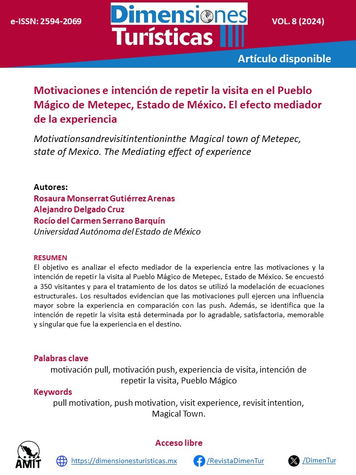 DimenTur's tweet image. Te compartimos el nuevo artículo "Motivaciones e intención de repetir la visita en el Pueblo Mágico de Metepec, Estado de México. El efecto mediador de la experiencia" 
Disponible en dimensionesturisticas.mx