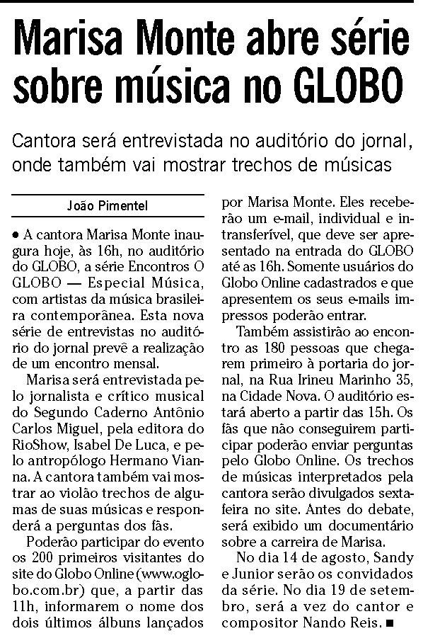 sigamarisamonte's tweet photo. #NuvemMM: Foi em tom de bate-papo que Marisa Monte abriu a série Especial Música do Encontros O GLOBO, na última quarta-feira (26/07/2006) no auditório do jornal. Fonte: Jornal O Globo #MarisaMonte #MarisaDeVerdade #InfinitoParticular #PraSerSincero #CarlinhosBrown #JornalOGlobo https://t.co/r9waJ6JBVj