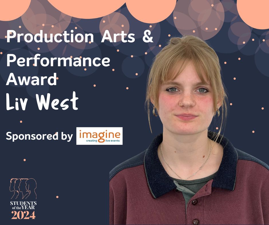 MKCollege's tweet photo. A big congratulations to Liv West who has just been awarded the Production Arts & Performance Award by @Imagine_Pres. This is an incredible achievement and we are so proud of Liv! #StudentsofTheYear #SOTY24 #MKCollege https://t.co/b0tNVm0Sn3