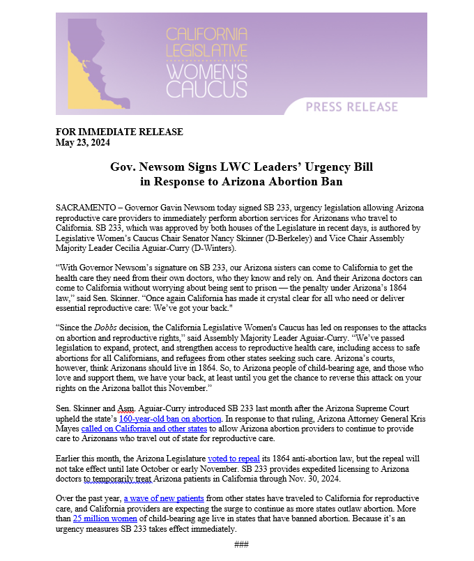 Boom! @CAgovernor just signed #caleg #SB233, urgency legislation by me & @AsmAguiarCurry that allows Arizona doctors to provide abortion care to Arizonans who travel to CA. @CaWomensCaucus