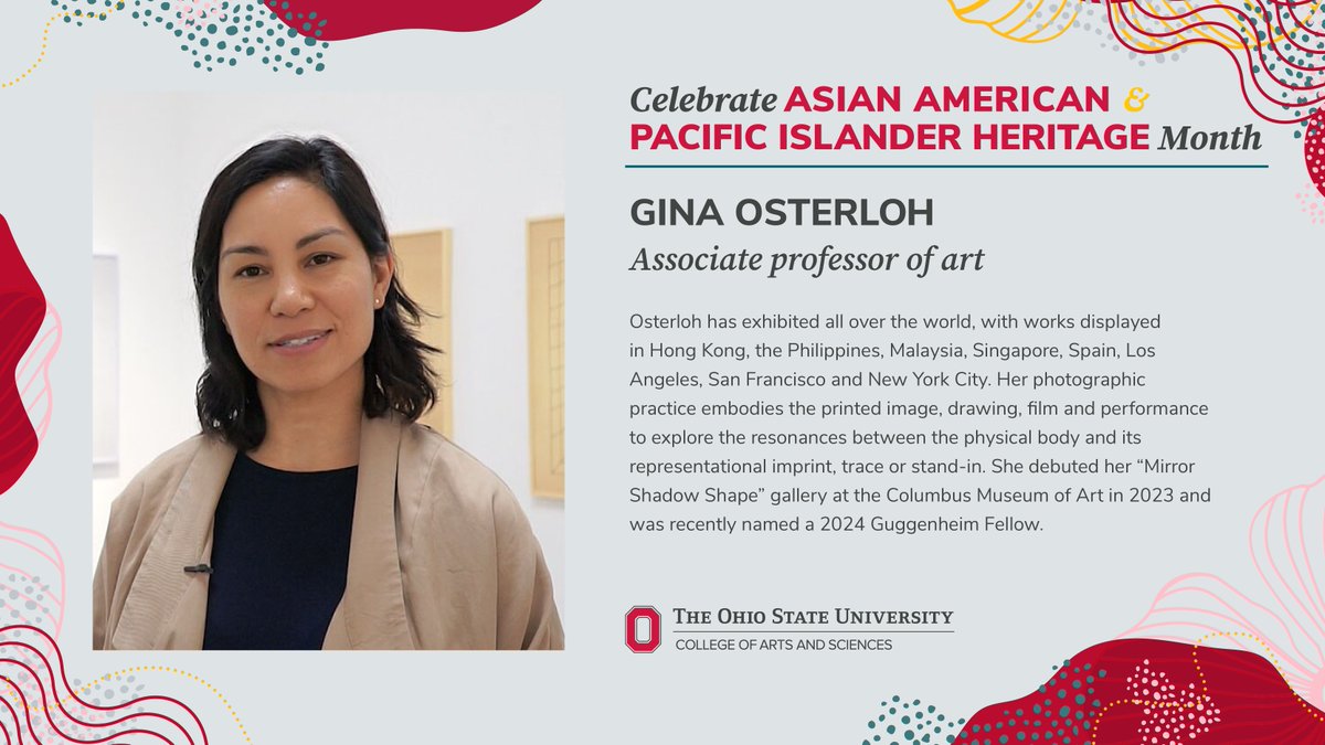 ASCatOSU's tweet image. Associate Professor Gina Osterloh's photographic practice embodies the printed image, drawing, film and performance to explore the resonances between the physical body and its representational imprint, trace or stand-in. She was recently named a 2024 Guggenheim Fellow.
#AAPIMonth