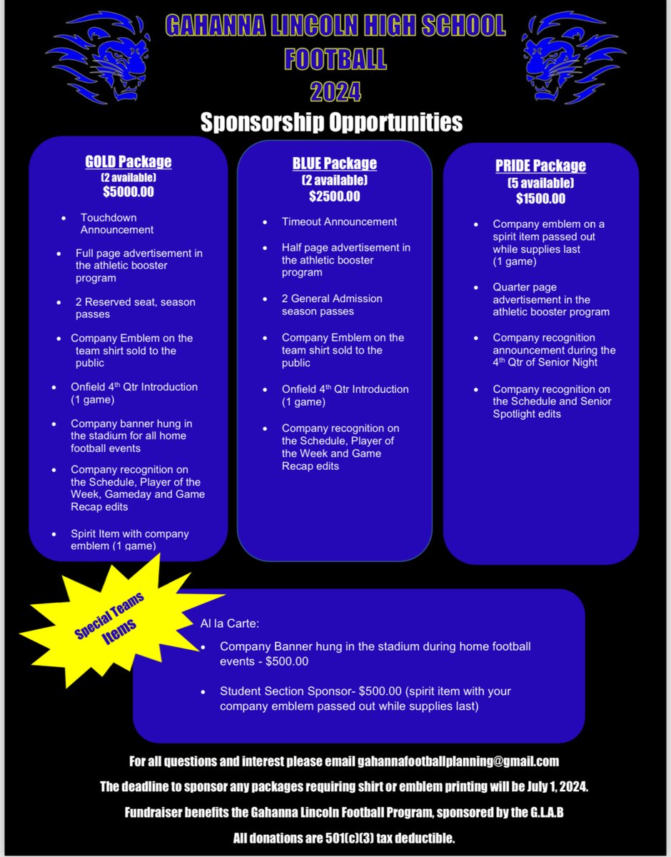 Do you have a local business that wants to support the GLHS football team? Here are some opportunities to contribute while getting advertising for your business and a tax deductible donation.  We greatly appreciate the local community for all the support.