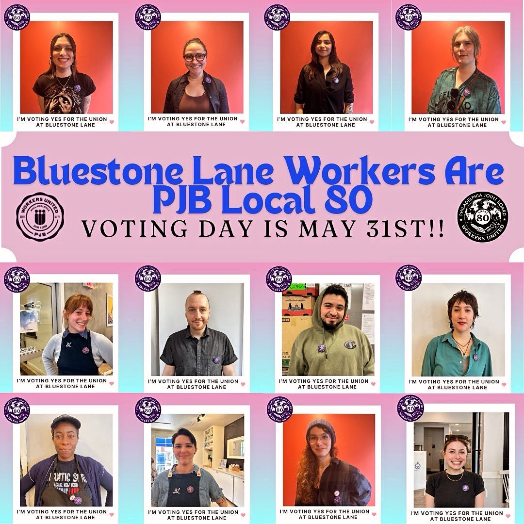 PJBWU's tweet image. Bluestone Lane workers vote next Friday for their union!!! These workers will become the fifth coffee company in Philly to join PJB, Local 80!! 

Go to your nearest Bluestone and wish the workers well! Up with the union! 

#local80 #pjbwu #union #solidarity #bluestonelane