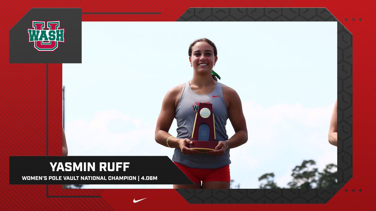 WashU Bears (@washubears) on Twitter photo Yasmin Ruff is just the second <a href="/WASHU_XCTF/">WASHU XC/T&F</a> athlete to be crowned a NATIONAL CHAMPION in the outdoor pole vault event!
Ruff set a personal-best mark of 4.06m to secure the title! Congratulations! 👏 Yasmin Ruff is just the second <a href="/WASHU_XCTF/">WASHU XC/T&F</a> athlete to be crowned a NATIONAL CHAMPION in the outdoor pole vault event!
Ruff set a personal-best mark of 4.06m to secure the title! Congratulations! 👏