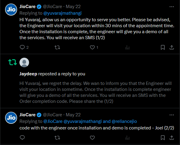 yuvarajmathangi's tweet photo. @JioCare @reliancejio Getting the same reply from you for two days now. No one answers calls, no engineer has come. Installation scheduled for May 21st, no response to calls, messages, or emails. Attached tweets. Please resolve ASAP.

Reference Number: LR000007P351 
ORN: NO00010GGISV https://t.co/ZHVplZIjgb