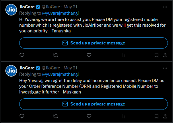 yuvarajmathangi's tweet photo. @JioCare @reliancejio Getting the same reply from you for two days now. No one answers calls, no engineer has come. Installation scheduled for May 21st, no response to calls, messages, or emails. Attached tweets. Please resolve ASAP.

Reference Number: LR000007P351 
ORN: NO00010GGISV https://t.co/ZHVplZIjgb