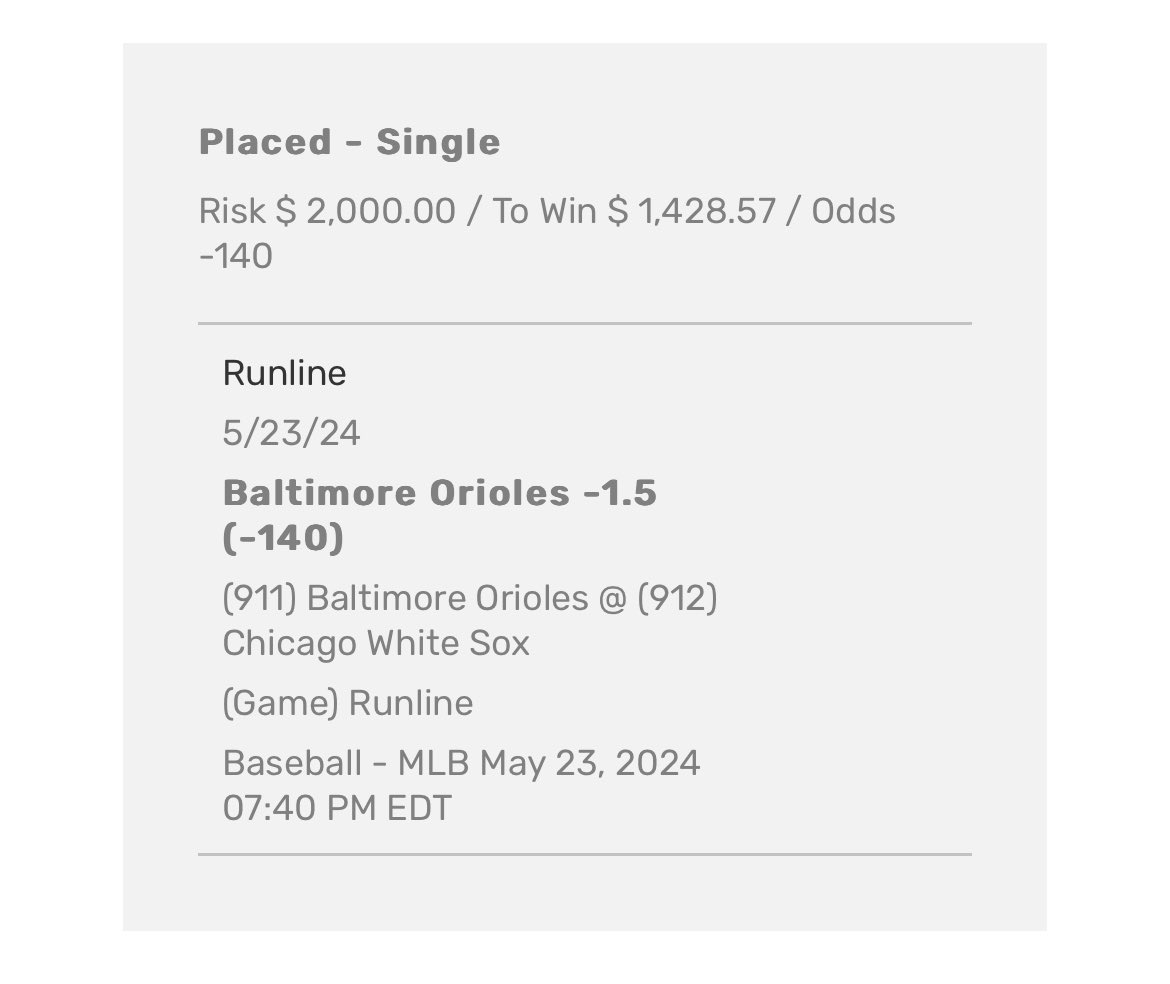 MAXBETBRO's tweet photo. BET #25

ORIOLES -1.5

$2,000 TO WIN $1,428

POTENTIAL $MAXBET BUY BACK AND BURN: $357

RUN IT https://t.co/fqR6PAzVrF
