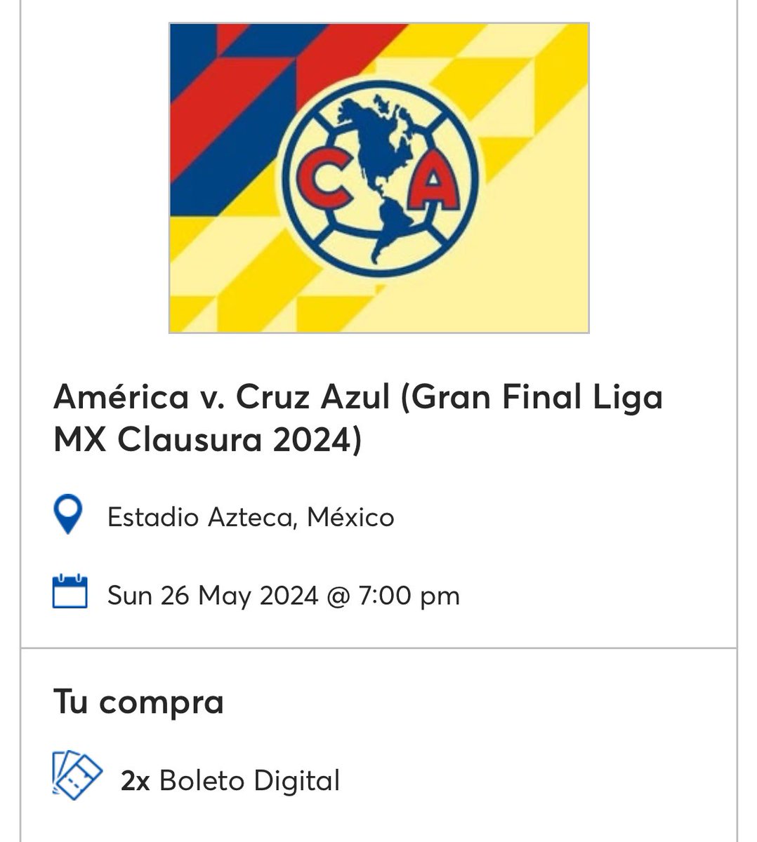 Rescarnes's tweet photo. Vendo dos boletos para la final de vuelta en el estadio azteca!! Sección 114  @boletosMX_ @VendoBoletosDF @SobranBoletos #boletos #America #Aguilas #CruzAzul #Bicampeonato https://t.co/rXd4DQEYK9