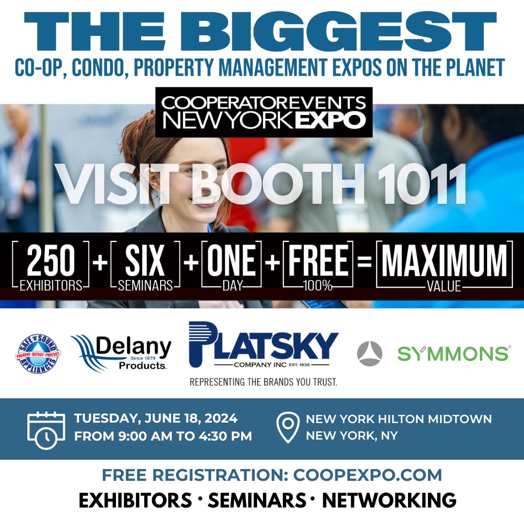 platskyco's tweet photo. Join us at The Cooperator Expo New York on Tuesday, June 18th. 

Come meet our team and discover the innovative commercial plumbing products we have to offer.

https://t.co/nPb32S7k7C

#cooperatorexpony #cooperatorexpo #platskyco #delanyproducts #symmonsindustries #safensound https://t.co/mu7EIGHuPv