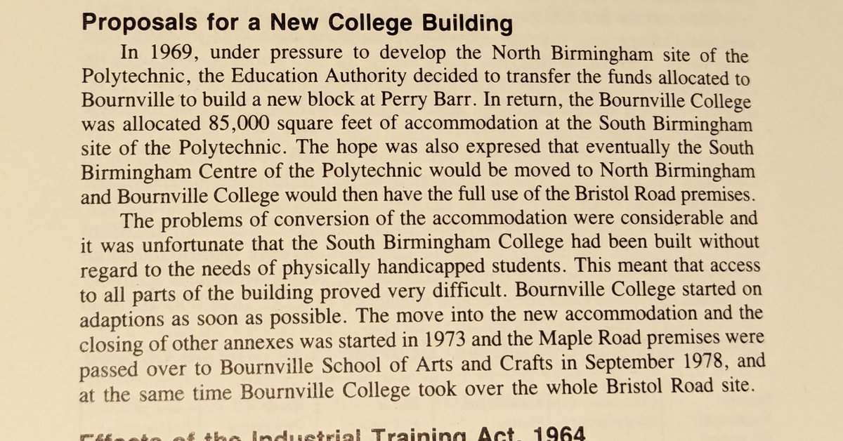 Bournville College in 1981, along with context over the move to the former South Bham Technical College. This photo is from the prospectus for 1981/2. The college having taken over the building fully in in 78 (beginning to share from 1973) #FE #HistEd #Bournville