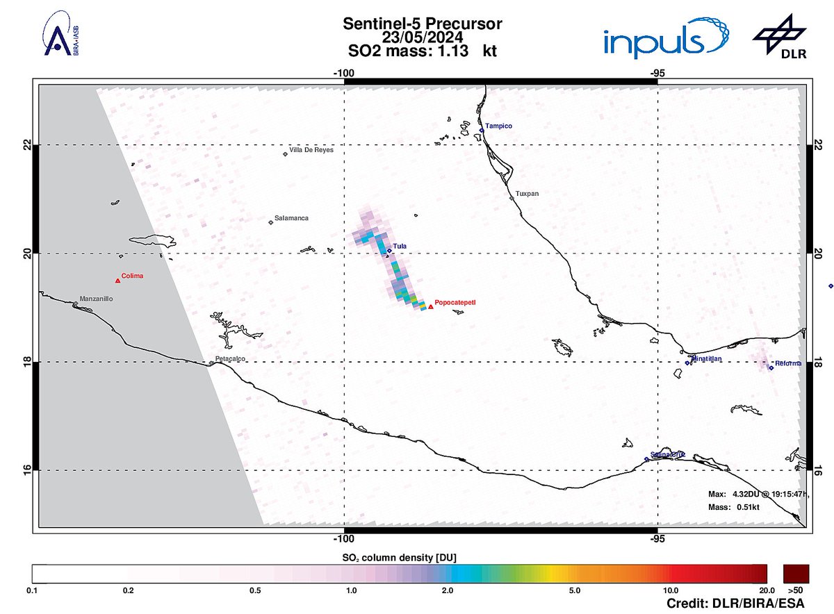 On 2024-05-23 #TROPOMI has detected an enhanced SO2 signal of 4.32DU at a distance of 13.7km to #Popocatepetl. #DLR_inpuls @tropomi #S5p #Sentinel5p @DLR_en @BIRA_IASB @ESA_EO #SO2LH