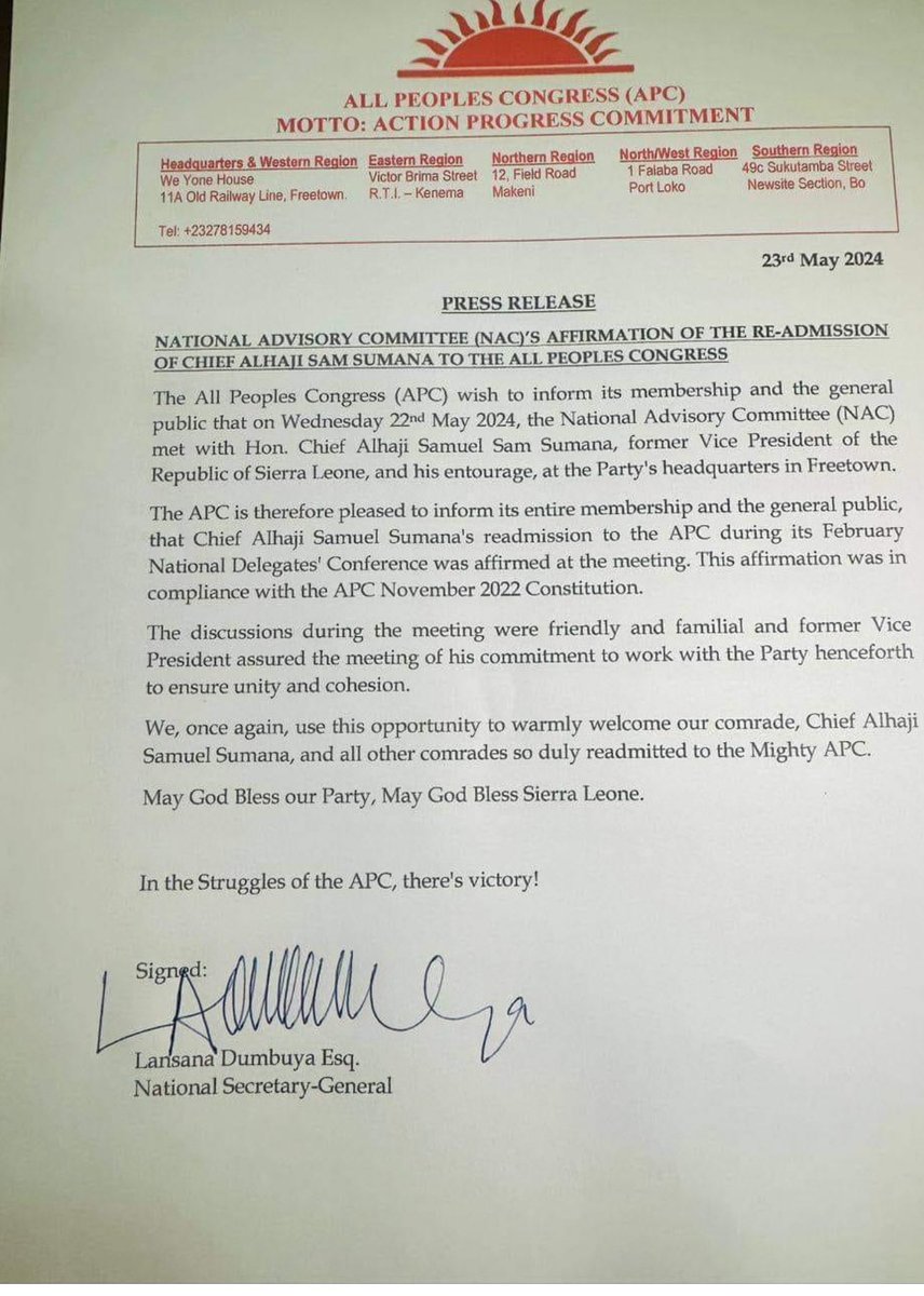 The All People Congress or APC says that it has re-admitted the former Vice President of Sierra Leone under @ebklegacy , @SamsumanaSamuel  during its February Delegate Conference in Compliance with the APC November 2022 Constitution.

@SamsumanaSamuel was expelled from the party