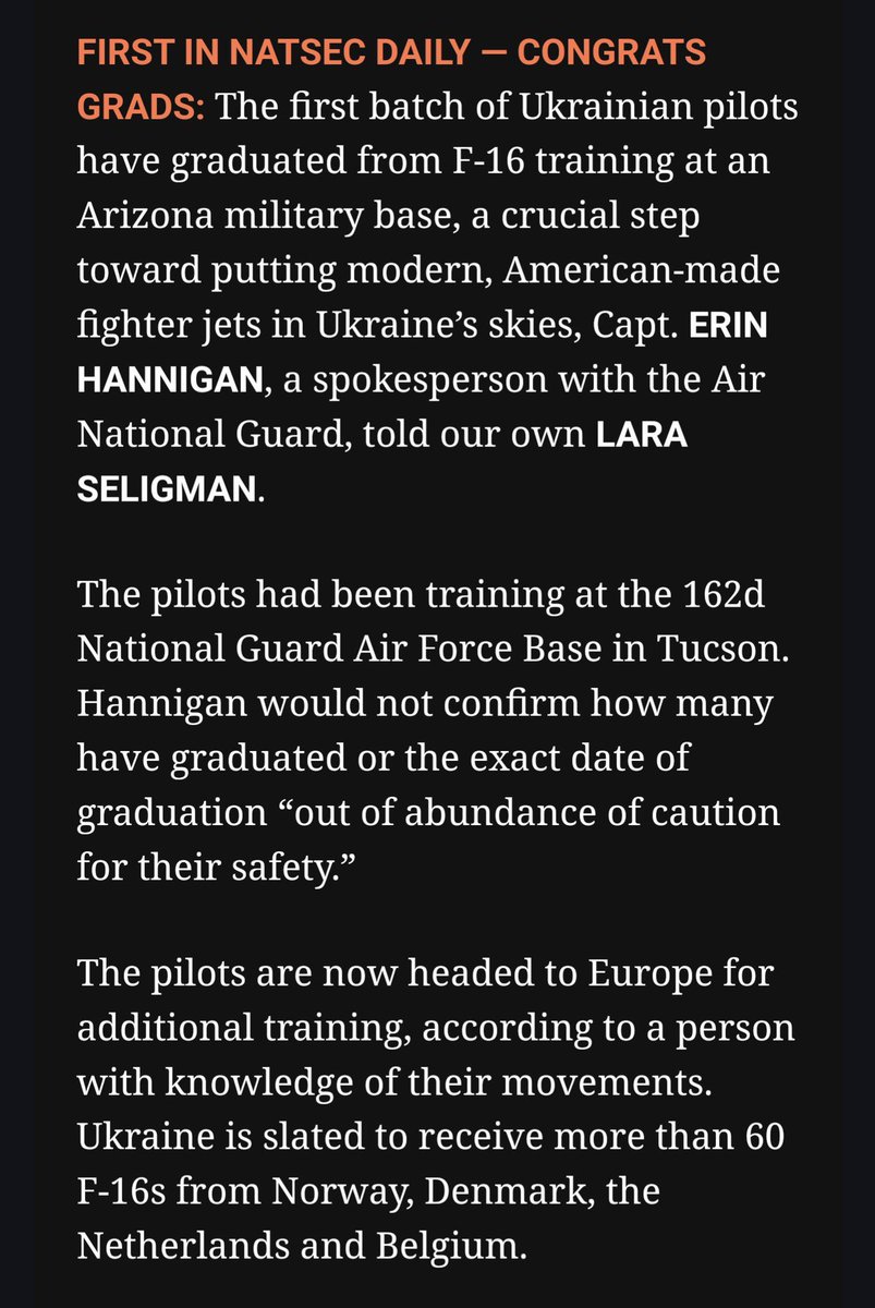 First Ukrainian pilots graduated from F-16 training in the U.S. Next, some additional training in Europe. Via @ColbyBadhwar and Politico