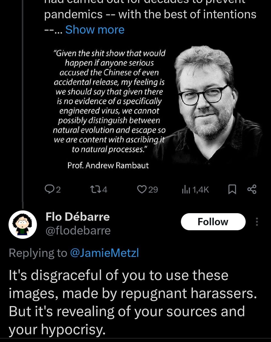 Creating these quote cards apparently makes me a 'repugnant harasser.' Flo pretends not to realize that the quote is from Andrew Rambaut, not me. Someone took this screenshot because Flo blocked all four of my accounts.