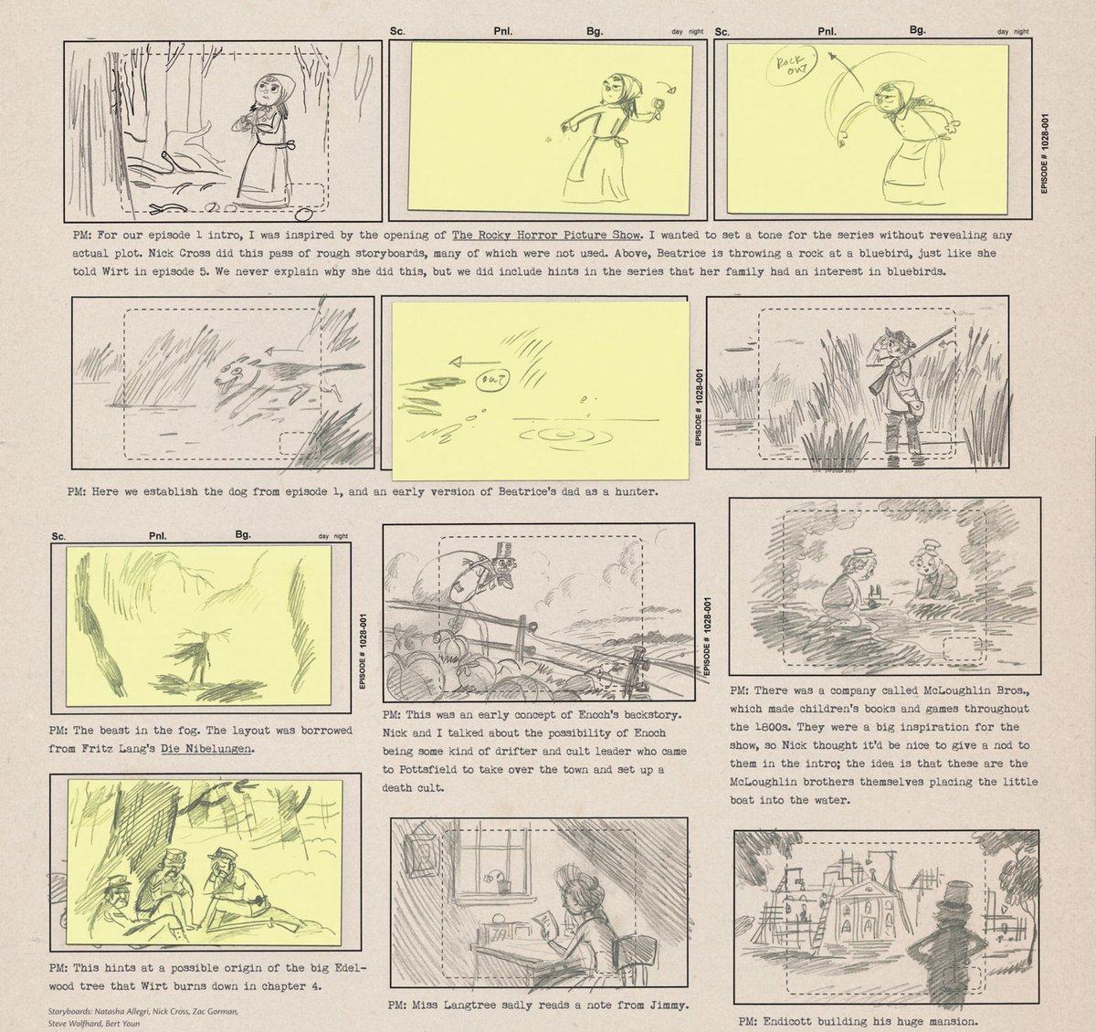 Me encantan los storyboards de l serie Over The Garden. Porque yo también uso mucho los post it.