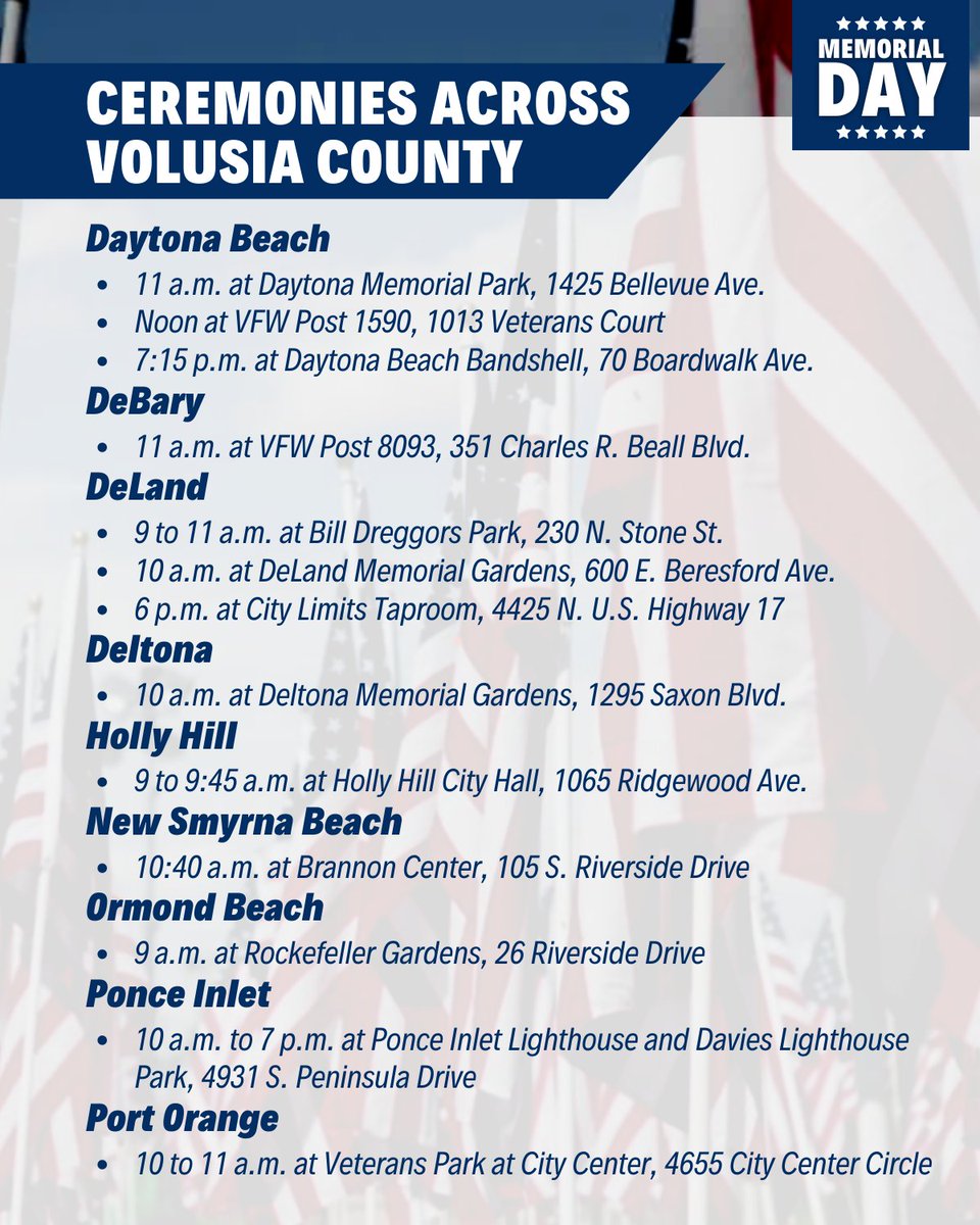Honoring our Fallen Heroes this Memorial Day
Join us in commemorating Memorial Day as we pay tribute to those who made the ultimate sacrifice for our freedom. Across Volusia County, there will be numerous events honoring those who have served. #MemorialDay #HonoringOurHeroes