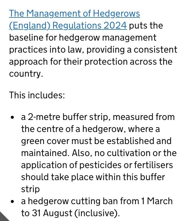 Hedgerow regulations now law. Includes a hedgerow cutting ban from 1 March to 31 August (inclusive).  defrafarming.blog.gov.uk/2024/05/23/hed…