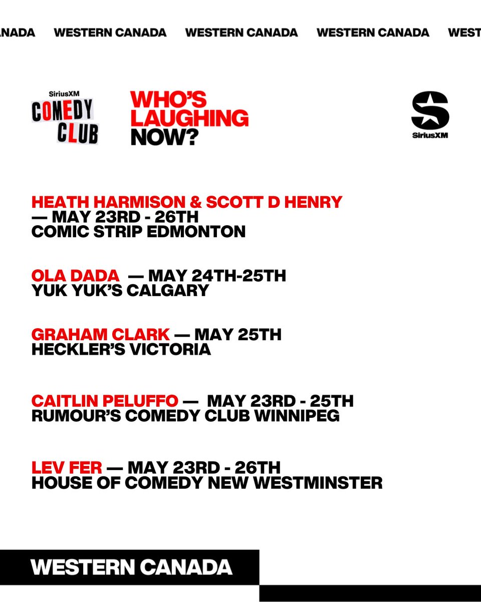 Check out some great comics live in action as
#WhosLaughingNow shows off #WesternCanada’s #ComedyCalender for the 4th week of May.

Get ready for some great laughs!

Can't make it to a show? Then get your comedy fix by tuning into the #SXMComedyclub ch. 168!