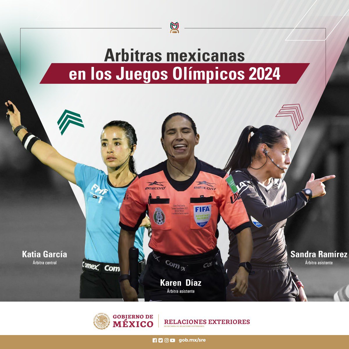 En el Día Internacional del Fútbol Femenino, celebramos a las árbitras mexicanas que representarán a México en los Juegos Olímpicos de París 2024, gracias a su destacado desempeño en la Liga MX Femenil y a nivel internacional. ¡Un merecido reconocimiento por su @SRE_mx
