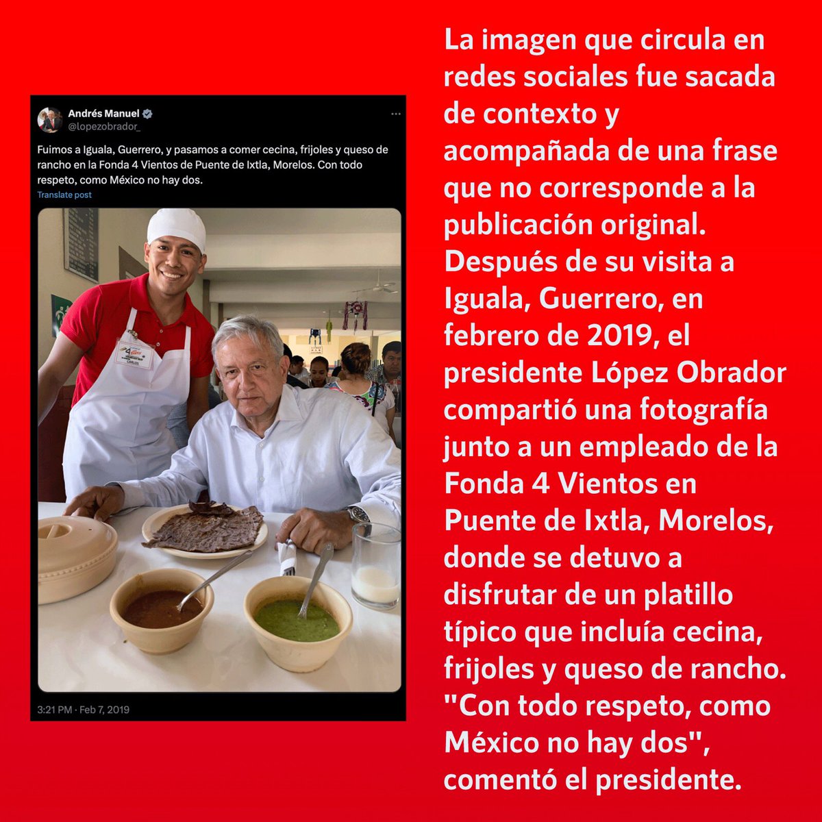 ❌Falso que cocinero escupió a la comida del presidente #LópezObrador ✅La imagen que circula en redes sociales fue sacada de contexto y acompañada de una frase que no corresponde a la publicación original. En 2019, el presidente @lopezobrador_ compartió una fotografía junto a