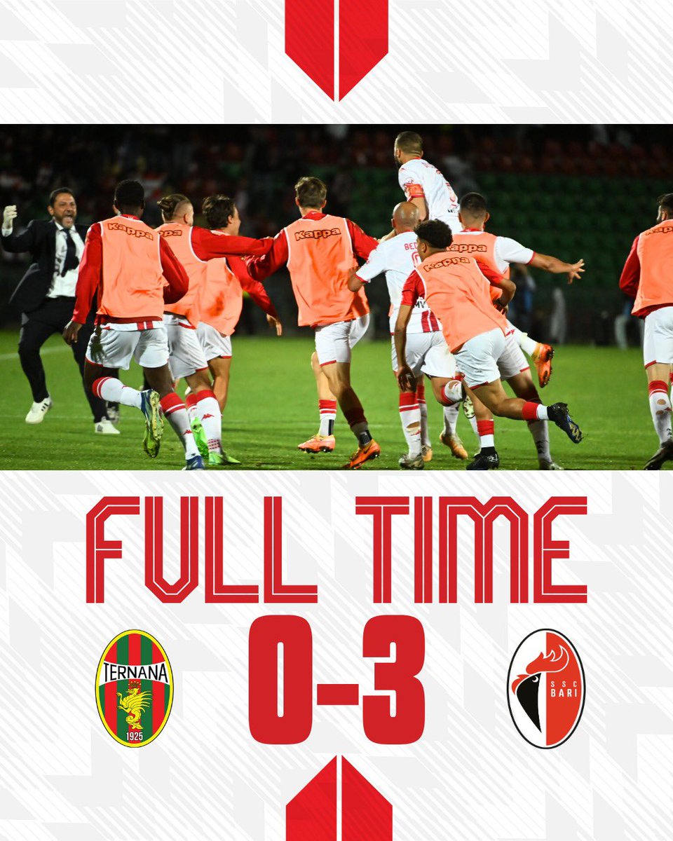 sscalciobari's tweet photo. ⚪️🔴🐔 #TERBAR FT 0-3
[46'pt Di Cesare, 6'st Ricci, 20'st Sibilli]
#sscbari https://t.co/C2uB3orjc7