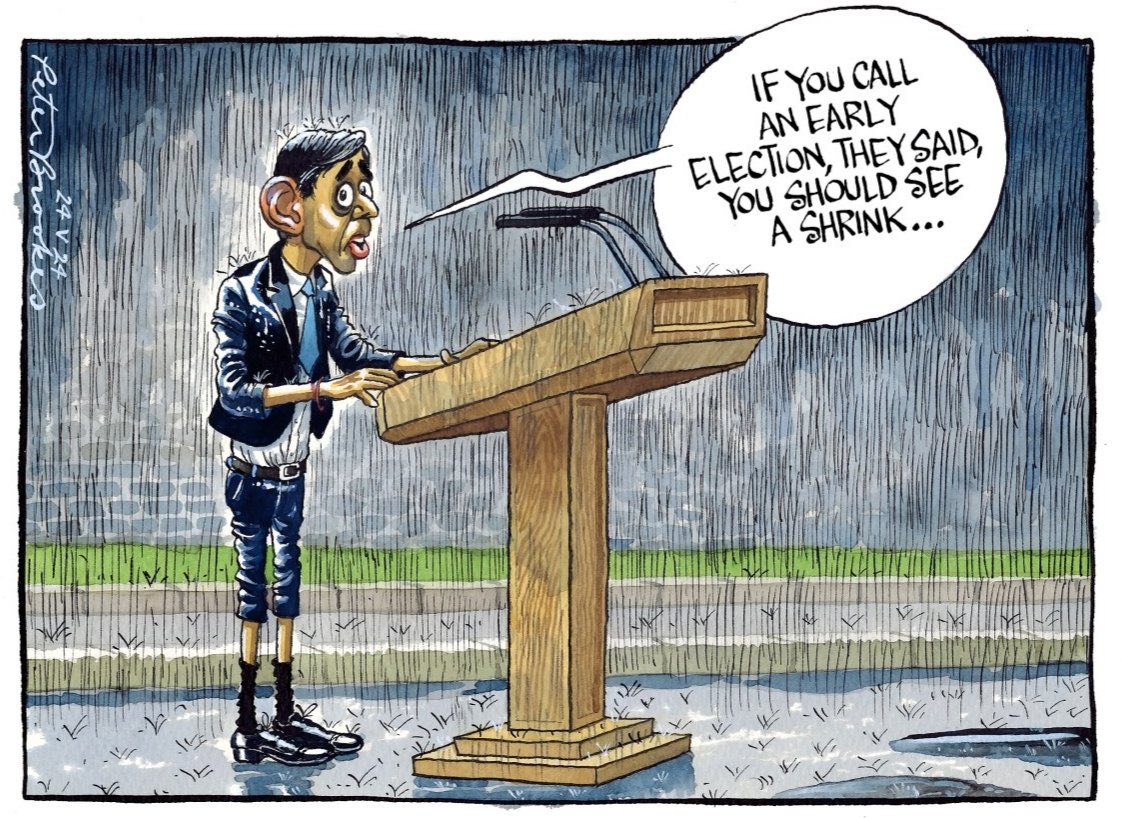 Peter Brookes on #RishiSunak getting rained on as he calls #GeneralElection2024 #rishi #RainyDays #4July - political cartoon gallery in London original-political-cartoon.com