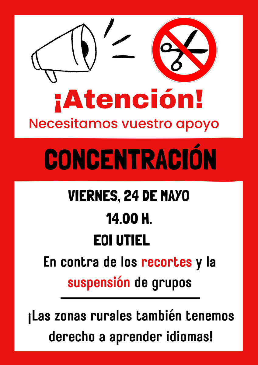 Presents a les manifestacions d'avui a València! L'EOI d'Utiel no perd l'esperança i segueix reivindicant el dret de les zones rurals d'estudiar idiomes!
Demà concentració a Utiel! Hem de ser-ne molts! #vagaeducació #vaga23m @STEPV_Iv